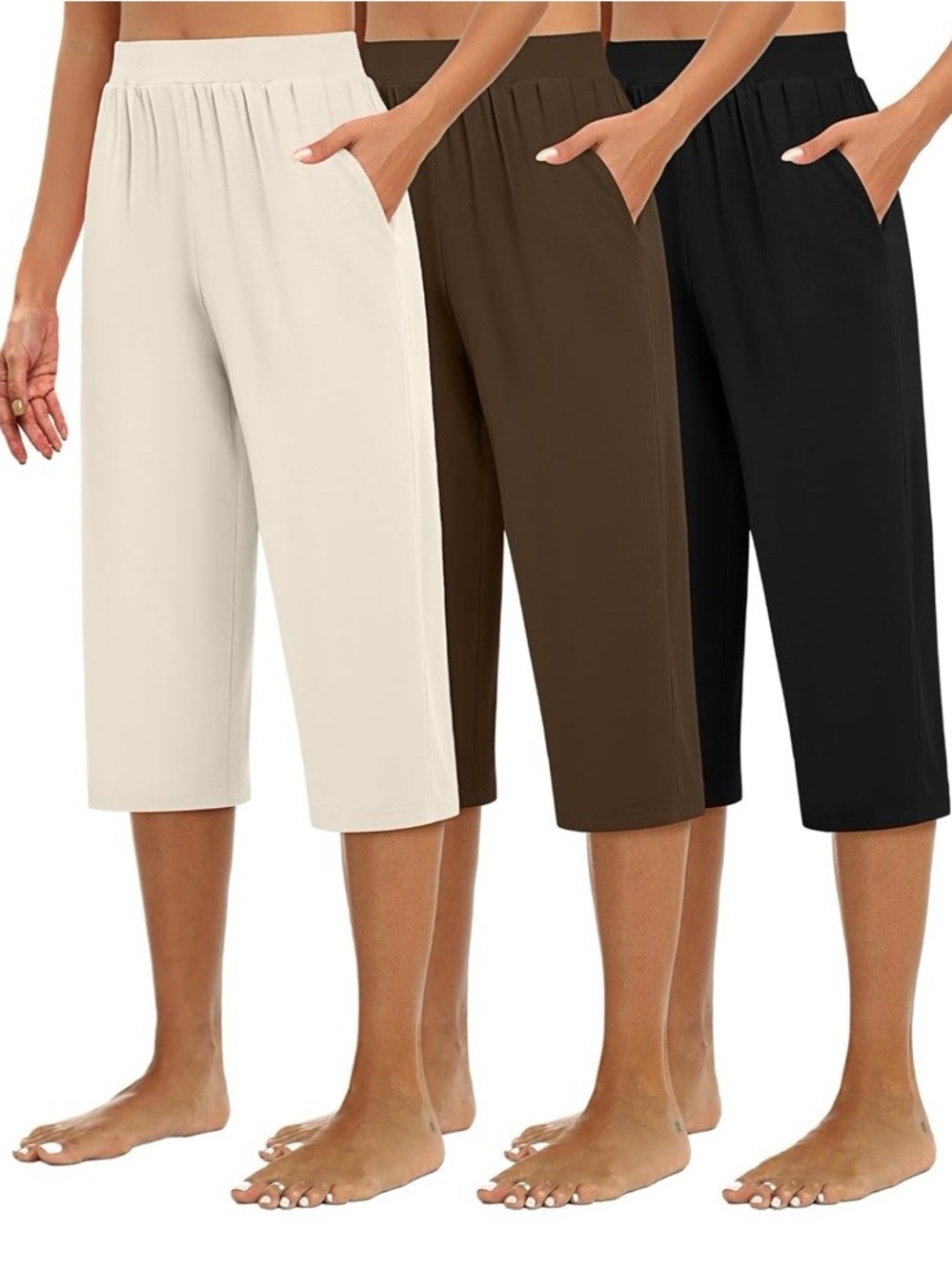 Women's Elastic-Waist Hybrid Capri Shorts — White, Brown & Black